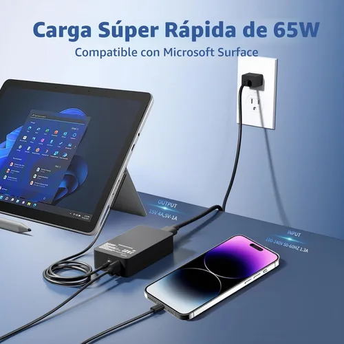 Vista 4 de Cargador Surface Pro de 65 W, compatible con Microsoft Surface Pro 11 10 9 8 7+ 7 6 5 4 3 X, Windows Surface Laptop 7 6 5 4 3 2 1, Go 4 3 2 1, Book