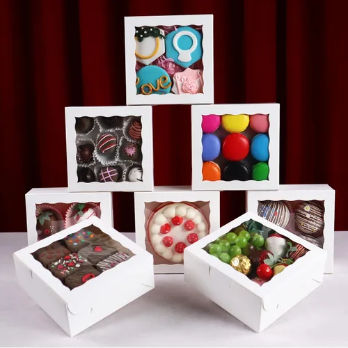 Vista 8 de 20 piezas cajas de panadería elegantes de 6 x 6 x 2.5 pulgadas con ventana, ideales para galletas, fresas cubiertas de chocolate, pasteles