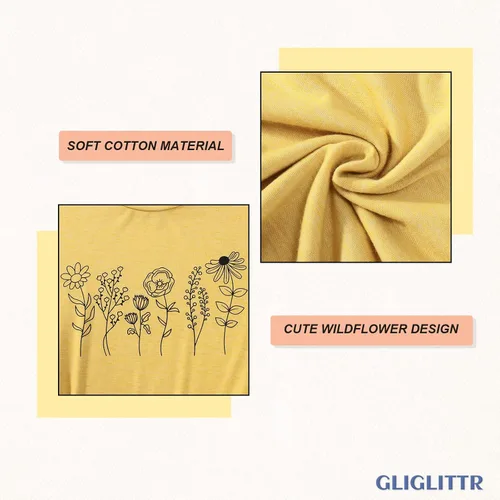 Vista 5 de GLIGLITTR Camiseta floral para mujer, diseño de flores silvestres, camiseta casual suelta con cuello redondo y manga corta