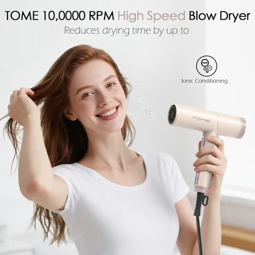 Vista 2 de TOME Hair Dryer, 1875W High-Speed EC Motor 110,000 RPM Ionic Blow Dryer, Fast Drying, Cool Shot Lock, 3 Heat 2 Speed, 3 Attachments