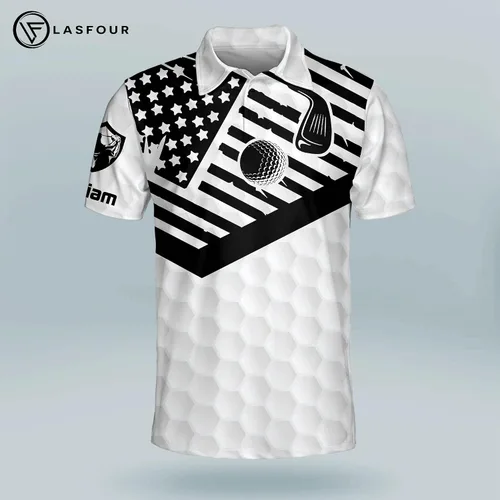 Vista 2 de LASFOUR Camisas de golf divertidas con nombre personalizado para hombres, camisas de golf de manga corta, swing Swear Drink Repeat American Polo