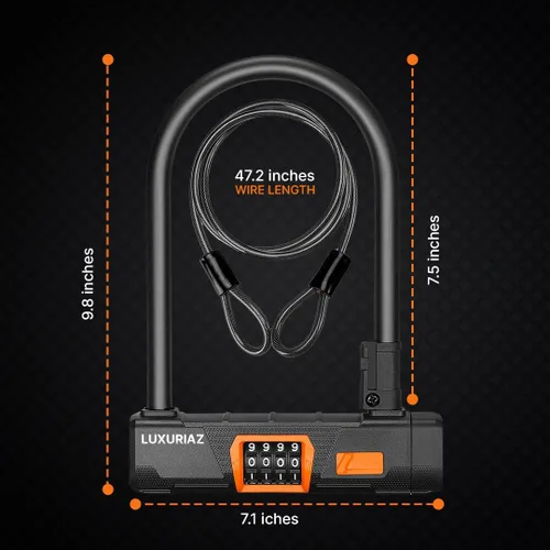 Vista 2 de Cerradura de bicicleta resistente con cable de acero de 5 pies, combinación reiniciable de 4 dígitos, bloqueo de cable duradero para protección