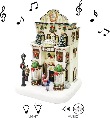 Vista 4 de MOMENTS IN TIME Tienda de Joyería Fina11”H Pueblo Navideño Iluminado con Edificio de Luces LED y Música de Navidad Decoración Festiva de Poliresina