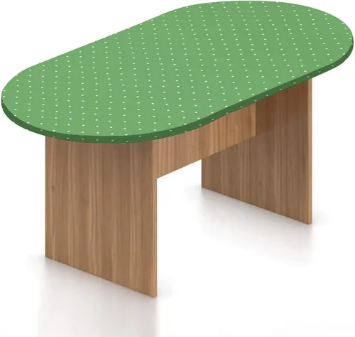 Vista 9 de Mantel ajustable ovalado, de poliéster elástico verde, estilo retro de los años 60 y 70, diseño de círculos de lunares verdes, vintage, se adapta a