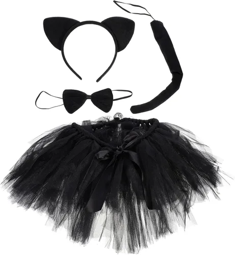 Vista 4 de NUOBESTY Diadema con orejas de gato para Halloween, disfraces de cosplay para niña, falda de gatito, diadema con lazo para fiesta (negro) talla M