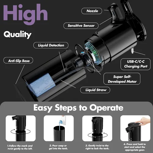 Vista 3 de Dispensador de jabón líquido automático YIKHOM, dispensador de jabón para platos con control de volumen ajustable de 8, 15.37 fl oz/450mL