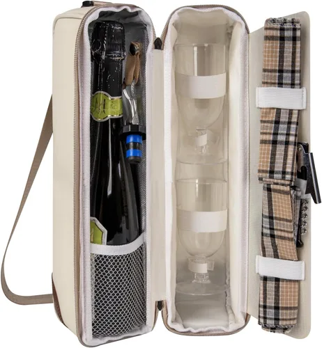 Vista 11 de ALLCAMP - Bolsa de vino con compartimento refrigerador, juego de picnic que lleva dos juegos de vajilla