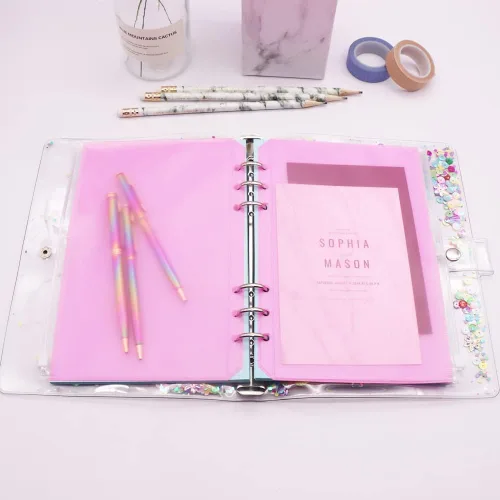Vista 7 de Bolsillos para carpeta A5, color rosa, 12 unidades, con cremallera, bolsas de hojas sueltas, 6 agujeros, organizador de cremallera de PVC, carpeta