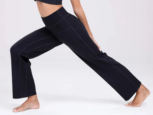 Vista 6 de Oalka Pantalones de pierna ancha para mujer, pantalones de yoga de cintura alta con bolsillos, pantalones deportivos de talla grande