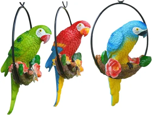 Vista 5 de Estatua de pájaro colgante, estatua colgante de perca de pájaro, anillo redondo, escultura de loro, figura de guacamayo para patio, verde, escultura