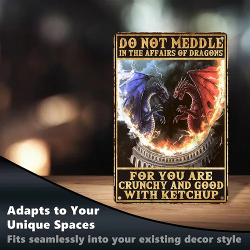 Vista 6 de Letreros metálicos para decoración de pared con diseño de dragón, con texto en inglés "Do Not Meddle in the Affairs of Dragons", divertido póster