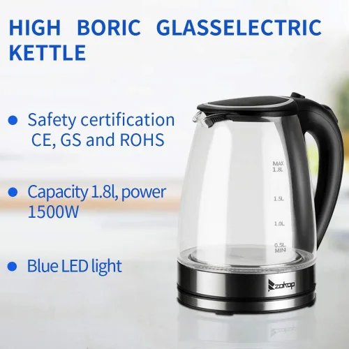 Vista 5 de Hervidor eléctrico de vidrio, 1.8L saludable 1200W hervidor de té de vidrio con material de grado alimenticio, apagado automático y protección