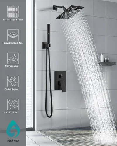 Vista 2 de Aolemi - Sistema de ducha con cabezal de lluvia y portátil, 8 pulgadas, negro mate
