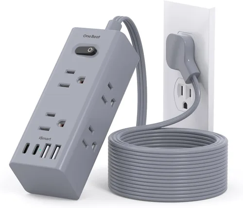 Vista 19 de Cable de extensión de 1 pie con múltiples tomas, regleta de alimentación de enchufe plano con cable de 1 pie, 6 tomas de corriente, 4 puertos USB
