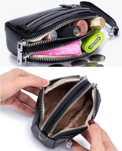 Vista 4 de Cartera de cuero genuino con correa para la muñeca, Negro