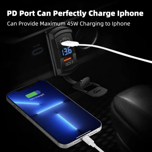 Vista 4 de CNAODUN Interruptor basculante USB con cargador USB C y cubierta impermeable, Dual PD y QC3.0, voltímetro LED azul de 12V/24V para panel