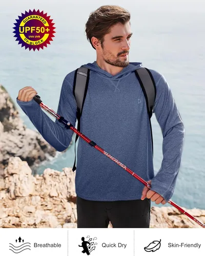 Vista 5 de Roadbox Camisas de pesca para hombre, UPF 50+, manga larga, con capucha UV, para senderismo, correr, natación, atletismo, entrenamiento