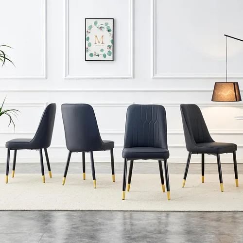 Vista 3 de Juego de 4 sillas de comedor modernas, juego de sillas de cocina de piel sintética, asiento tapizado acolchado grueso, sillas laterales negras sin