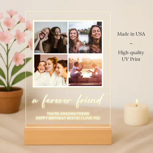 Vista 4 de Placa de fotos personalizada con soporte de luz LED de madera, acrílico, regalo para mejor amiga para ella, regalo para él, collage de fotos