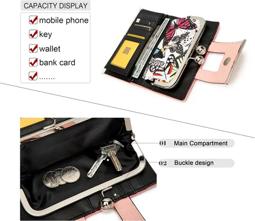 Vista 4 de Cartera de cuero para mujer de gran capacidad, cartera larga de gran capacidad, con ranuras para 10 tarjetas y clips