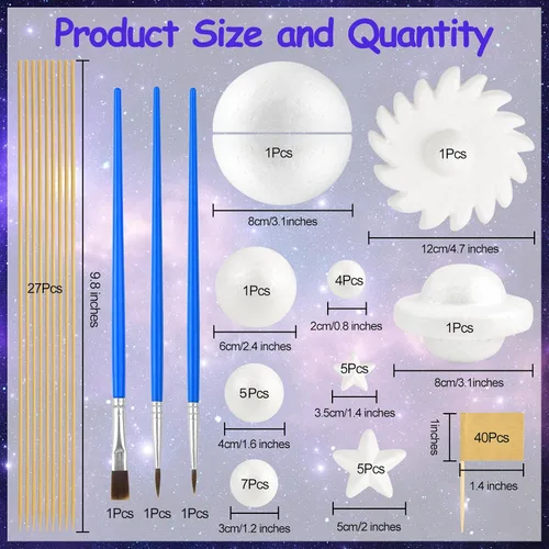 Vista 2 de Kit de 100 bolas de espuma modelo de sistema solar, incluye bolas de poliestireno de tamaño mixto, bandera de palillo de dientes, palos de bambú