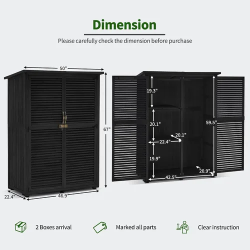 Vista 3 de MCombo Gabinete de Almacenamiento Exterior, Cobertizo de Almacenamiento de Madera con Pestillo, Cobertizo de Herramientas de Jardín Exterior con 2