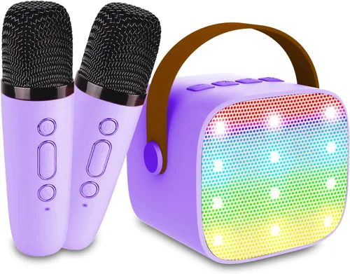 Vista 8 de Mini máquina de karaoke para niños y adultos, juguetes para niños y niñas, regalos para niñas y niños, altavoz Bluetooth con 2 micrófonos Beige