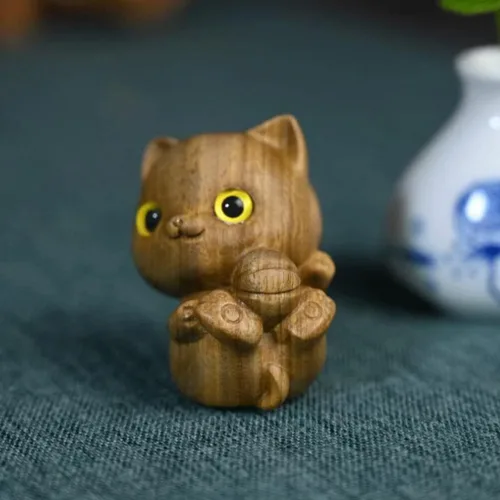 Vista 8 de Figura de gato tallada para automóvil, adorno de madera para gato, estatua de gatito pequeño, para amantes de los gatos en miniatura