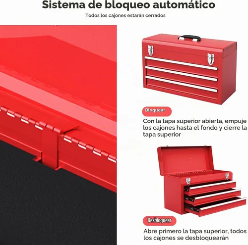 Vista 5 de ERGOMASTER Caja de herramientas portátil, caja de herramientas de metal de 20.5'' con 3 cajones, cofre de herramientas de almacenamiento resistente