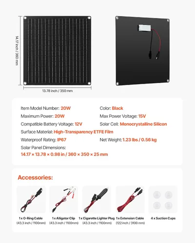 Vista 7 de VEVOR Cargador de batería de panel solar de 20 W y 12 V, cargador de batería solar con controlador inteligente integrado y 3 cables de conexión