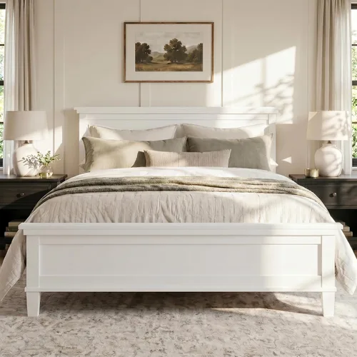 Vista 9 de Cama de plataforma de madera maciza de estilo moderno con cabecero, estribo, marco de cama de madera y patas de soporte central de madera maciza,