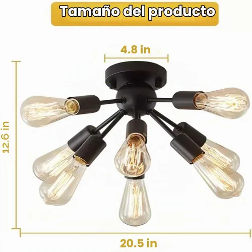 Vista 5 de Lámpara Sputnik de techo de 8 luces, moderna lámpara industrial negra semiempotrada para cocina, comedor, dormitorio, sala de estar, base E26