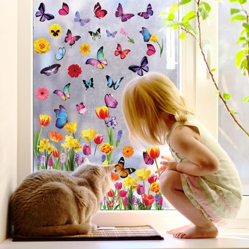 Vista 5 de Calcomanías de primavera para ventana, encanta tus ventanas de cristal con 127 piezas en 9 hojas, diseños de tulipanes, mariposas y flores para una
