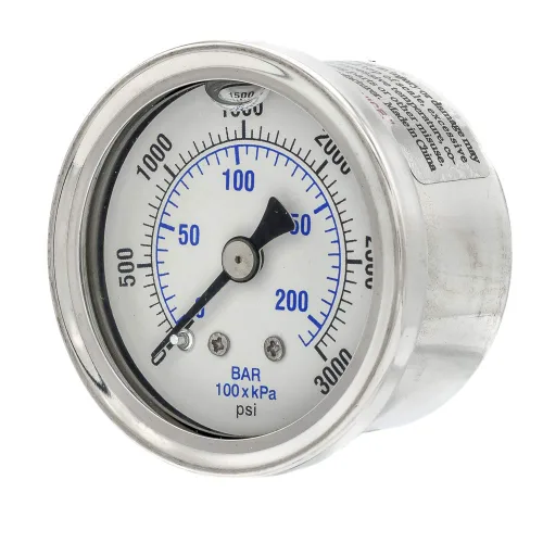 Vista 2 de Medidor de presión de montaje trasero central lleno de líquido con dial de 1.5 pulgadas, 0-3000 PSI, conexión NPT macho de 1/8 pulgadas, caja
