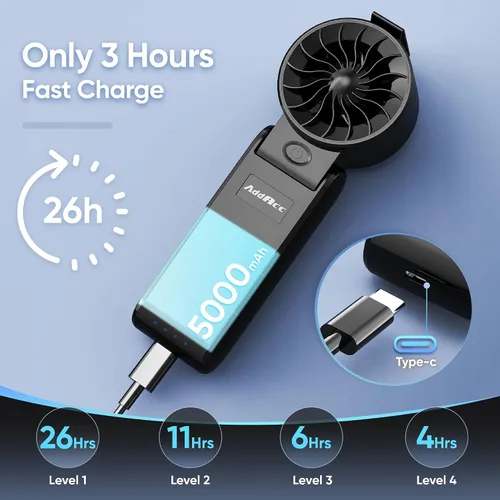 Vista 6 de AddAcc Ventilador de mano portátil para hombres, ventilador de mano turbo, batería recargable de 5000 mAh, flujo de aire potente de 132000 RPM