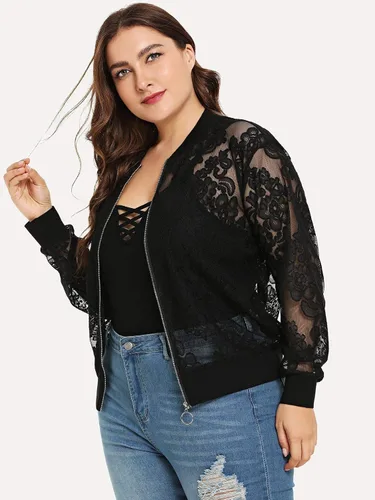 Vista 3 de Floerns Chaqueta de béisbol de manga larga con encaje floral transparente para mujer