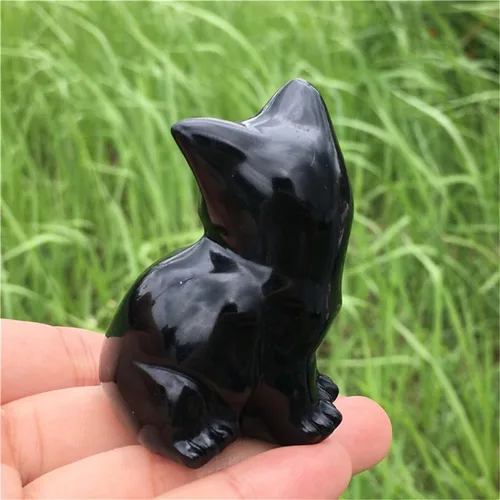 Vista 6 de Figura de gato de obsidiana negra de 2.2 pulgadas, diseño de gato negro, decoración del hogar, piedra natural, estatua de animal, cristales