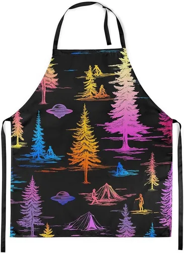 Vista 17 de Castle Fairy Delantal de cocina Alien UFO Retro Jungle Sketch Delantal Blue Black