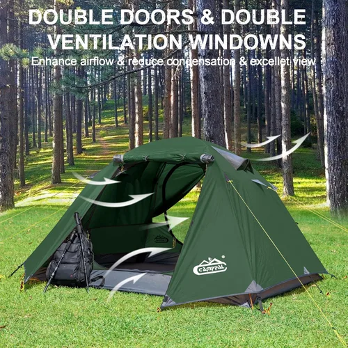 Vista 4 de Carpa de mochilero Camppal de 2-3 personas con puerta doble y 2 vestíbulos, impermeable, a prueba de viento, ligera, fácil de montar, para 3