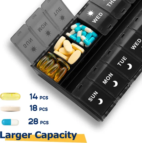 Vista 2 de Organizador de pastillas grande 2 veces al día (negro) 7 Day AM/PM Pill Box, Hinged Lids & Secure Lock, Big Pill Box Holder Twice a Day, For