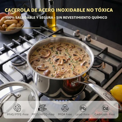 Vista 4 de Ciwete - Sartén de 2 cuartos con tapa, cacerola de acero inoxidable de tres capas de 2 cuartos con tapa de acero inoxidable, 2 líneas de medición