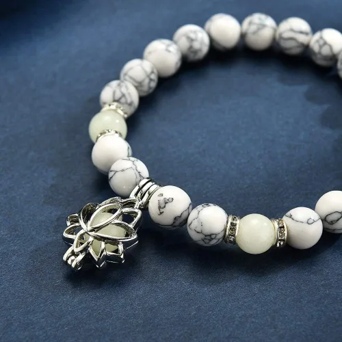 Vista 6 de Pulsera luminosa con forma de flor de loto que brilla en la oscuridad para mujer, piedras turquesas naturales, joyería de oración de yoga, Metal