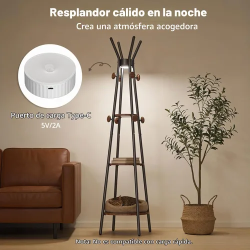 Vista 2 de young master Perchero, Perchero independiente con 3 estantes y 12 ganchos, Árbol perchero con luz con sensor de movimiento para entrada, sala