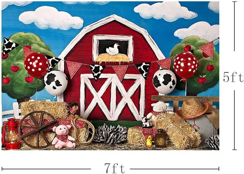 Vista 3 de MEHOFOTO - Fondo de cabina de estudio fotográfico de granero rojo de granja, animales rústicos, césped verde, cielo, decoración de fiesta