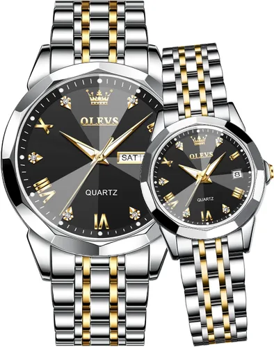 Vista 20 de OLEVS Reloj para parejas para él y ella, reloj analógico de cuarzo para hombres y mujeres, de acero inoxidable, impermeable, luminoso, fecha, reloj