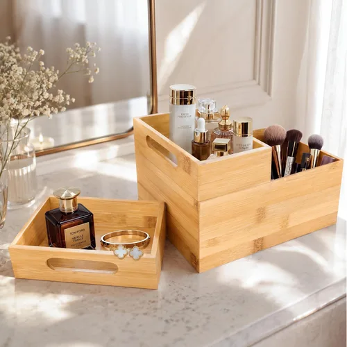 Vista 3 de HOMESTEAD - Caja de almacenamiento apilable de bambú de 3 piezas, contenedor de almacenamiento grande, cajas de madera para cajones de maquillaje