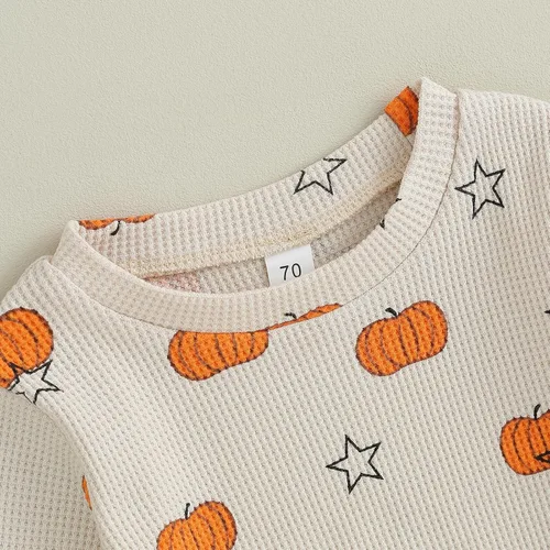 Vista 5 de Kayotuas Conjunto de camisa y pantalones de manga larga con cuello redondo para bebé, disfraz de calabaza, fantasma, calabaza, fantasma, camiseta