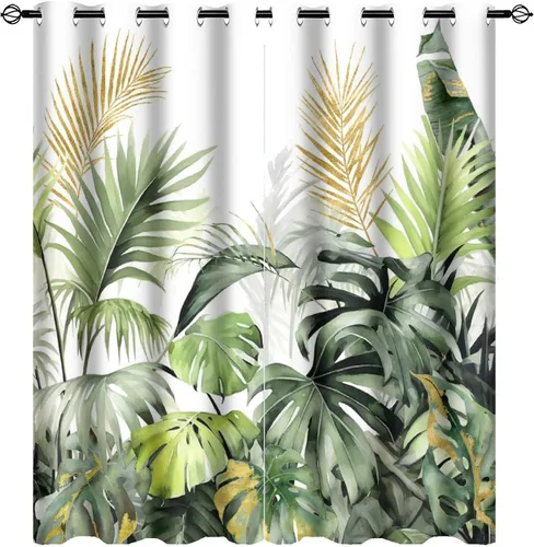 Vista 22 de Cortinas abstractas de hojas tropicales, acuarela tropical, hojas de palma, verano hawaiano, plátano, aislamiento térmico, cortinas completas