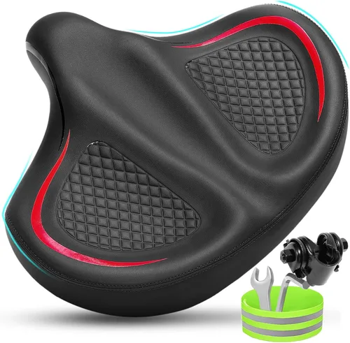 Vista 9 de CDYWD Asiento de bicicleta de gran tamaño para hombres y mujeres, cojín de asiento de bicicleta extra ancho, cómodo acolchado de ala, sillín