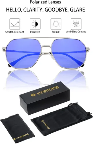 Vista 5 de VIVIENFANG Gafas de sol de aviador polarizadas hexagonales retro para mujeres y hombres, UV400 con tonos cuadrados flexibles de metal VF2207